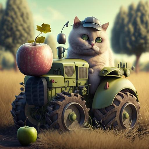 A funny tractor in the field, a cat with a hat, an apple.