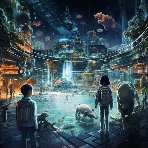 A futuristic city with robots, robot guides, a zoo, holographic representations of animals in nature, young Korean children playing with holograms, young children and their parents touching holograms, various animals, tigers, flamingos, elephants, foxes, many animals.