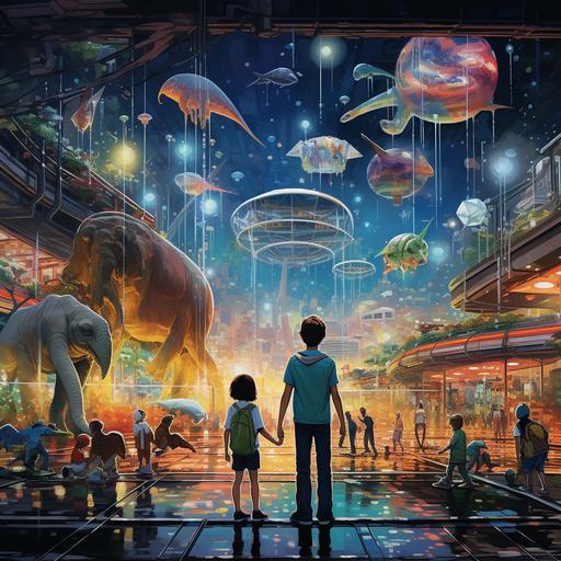 A futuristic city with robots, robot guides, a zoo, holographic representations of animals in nature, young Korean children playing with holograms, young children and their parents touching holograms, various animals, tigers, flamingos, elephants, foxes.