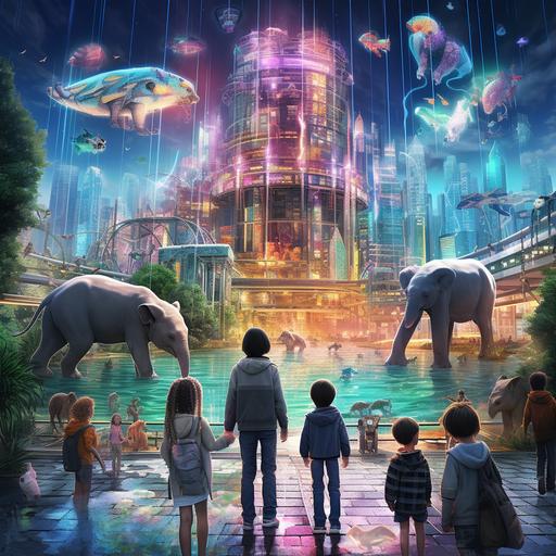 A futuristic city with robots, robot guides, a zoo, holographic representations of animals in nature, young Korean children playing with holograms, young children and their parents touching holograms, various animals, tigers, flamingos, elephants, foxes.