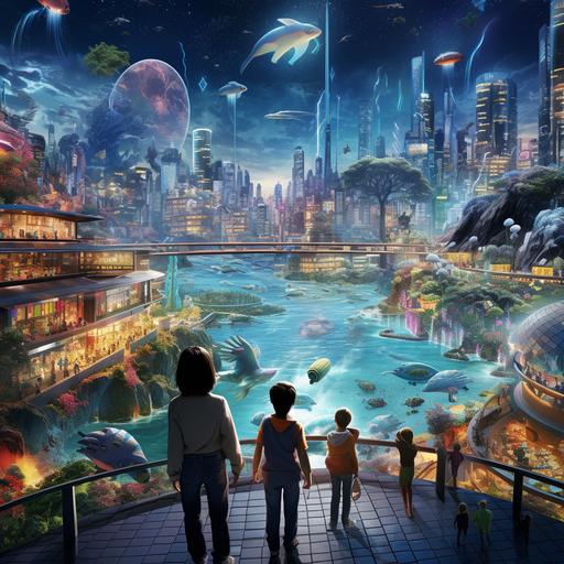 A futuristic city with robots, robot guides, a zoo, holographic representations of animals in nature, young Korean children playing with holograms, young children and their parents touching holograms, various animals, tigers, flamingos, elephants, foxes, many animals.