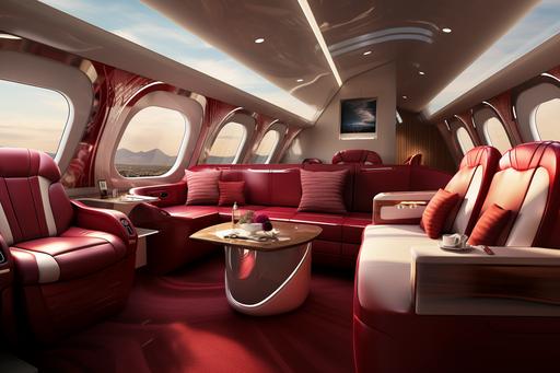 A futuristic maasai moran inspired luxurious private jet interior scene in ruby-red colours skin on the leather, golden personal hot tub, white futuristic daybed, an entertainment suite, master suite, resembling BD 700 Global Express XRS plane Designs, two Rolls-Royce RB211 turbofan engines, elegant african cabin hostess sat down, cinematography, shot with 25mm lens, depth of field, tilt blur, shutter speed 1/1000, F/22, white balance, 32k, super resolution, Pro Photo RGB , Half Rear Light, soft Backlight, Dramatic Lighting, Incandescent, medium Light, Volumetric, Conte-jour, Global Illumination, Screen Space Global Illumination, Diffuse. Shadows, Roughness, Flicker, Lumen Reflections, Screen Space Reflections, Diffraction Graded Chromatic Aberration, GB Shift, Scanlines, clear Occlusion, Antialiasing, FKAA, TXAA RTX SSAO, OpenGL Shaders, Post Process, Post Production, Cell Shading, tone mapping, cgi, vfx, sfx, highly detailed and complex, super minimalist, elegant, dynamic pose, photography, volumetric, ultra detailed, intricate detail, ultra detailed