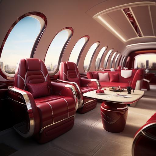 A futuristic maasai moran inspired luxurious private jet interior scene in ruby-red colours skin on the leather, golden personal hot tub, white futuristic daybed, an entertainment suite, master suite, resembling BD 700 Global Express XRS plane Designs, two Rolls-Royce RB211 turbofan engines, elegant african cabin hostess sat down, cinematography, shot with 25mm lens, depth of field, tilt blur, shutter speed 1/1000, F/22, white balance, 32k, super resolution, Pro Photo RGB , Half Rear Light, soft Backlight, Dramatic Lighting, Incandescent, medium Light, Volumetric, Conte-jour, Global Illumination, Screen Space Global Illumination, Diffuse. Shadows, Roughness, Flicker, Lumen Reflections, Screen Space Reflections, Diffraction Graded Chromatic Aberration, GB Shift, Scanlines, clear Occlusion, Antialiasing, FKAA, TXAA RTX SSAO, OpenGL Shaders, Post Process, Post Production, Cell Shading, tone mapping, cgi, vfx, sfx, highly detailed and complex, super minimalist, elegant, dynamic pose, photography, volumetric, ultra detailed, intricate detail, ultra detailed