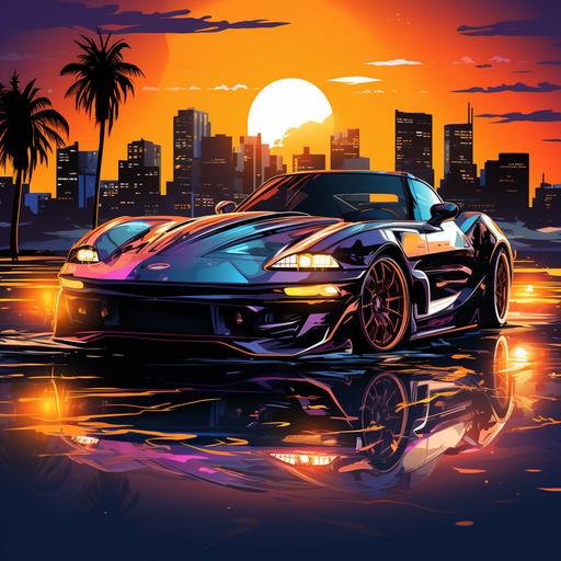 A futuristic sports car with neon lights and a sunset backdrop. Retro 80s style, sleek, fast-paced, cityscape lighting. T-shirt design graphic, vector, contour, black background. --s 250
