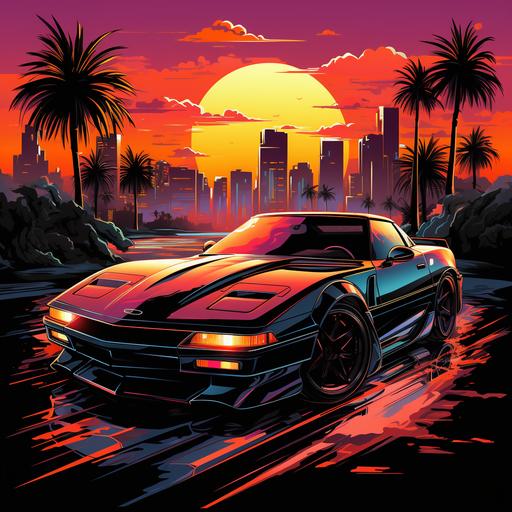 A futuristic sports car with neon lights and a sunset backdrop. Retro 80s style, sleek, fast-paced, cityscape lighting. T-shirt design graphic, vector, contour, black background. --s 250