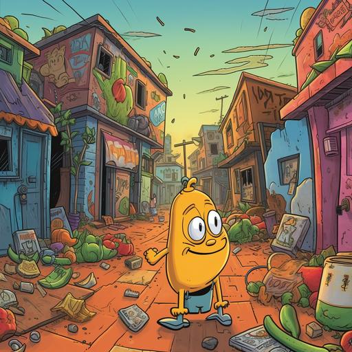 A gangster mango cartoon with a face and legs and arms on the side of the street in a bad neighborhood with trash everywhere and busted buildings