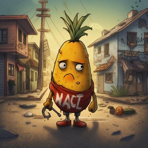 A gangster mango cartoon with a face and legs and arms on the side of the street in a bad neighborhood with trash everywhere and busted buildings