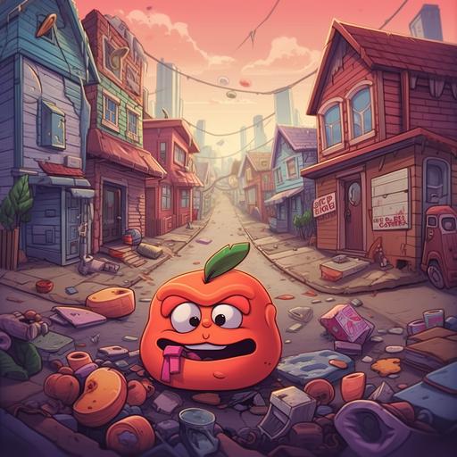 A gangster peach cartoon with a face and legs and arms on the side of the street in a bad neighborhood with trash everywhere and busted buildings