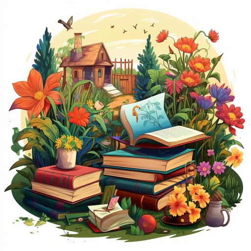 A garden that grows stationery, books, pens in cartoon style, illustration