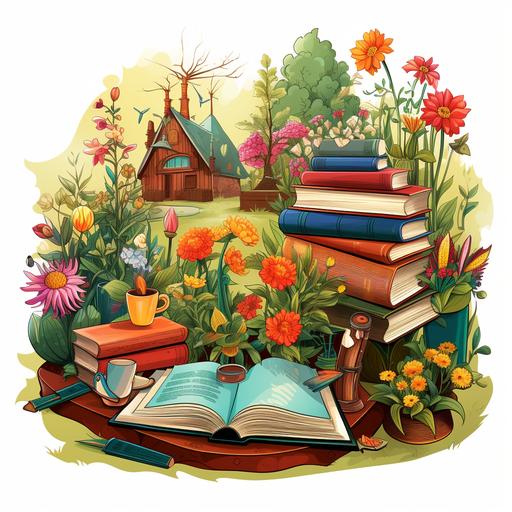 A garden that grows stationery, books, pens in cartoon style, illustration