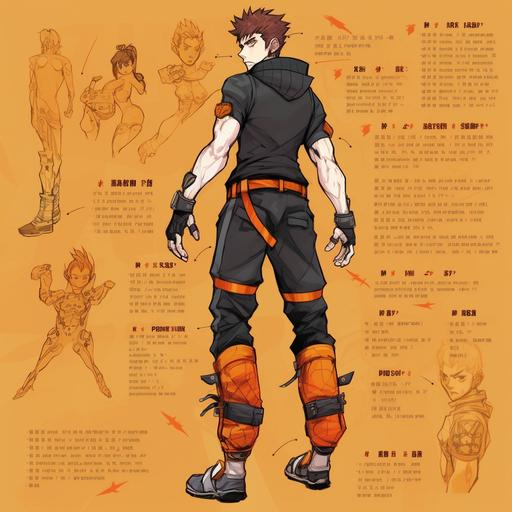 A generic character design sheet with multiple angles for a young male character in the Solo Leveling and Manhwa art style. The character should have a muscular, lean physique, similar to Yoo Jin-Ho. His body is adorned with intricate tattoos in a variety of designs. His short, spiky hair should be a fiery shade of orange, matching his personality. The character's eyes should be a bright, playful green. He is dressed in a casual yet stylish ensemble: a sleeveless, ripped black t-shirt to showcase his tattoos, rugged jeans, and sturdy boots. His facial expression should reflect his role as comic relief, showcasing a cheerful and energetic demeanor. The color palette should focus on shades of black, white, orange, and green. Draw the character from various angles, including a full-body front view, side view, and back view, and also provide a close-up of his face, emphasizing his bright green eyes and energetic expression.