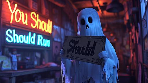 A ghost holding a sign that say's 