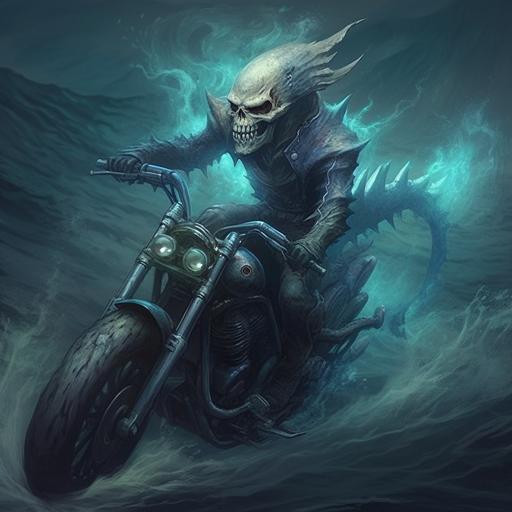 A ghost rider of the old era, before the Snorks were eradicated from the shorelines, this is the Ghost Rider of the waves, known to many as the dead man's blue shark. --s 750 --q 2 --v 5.1