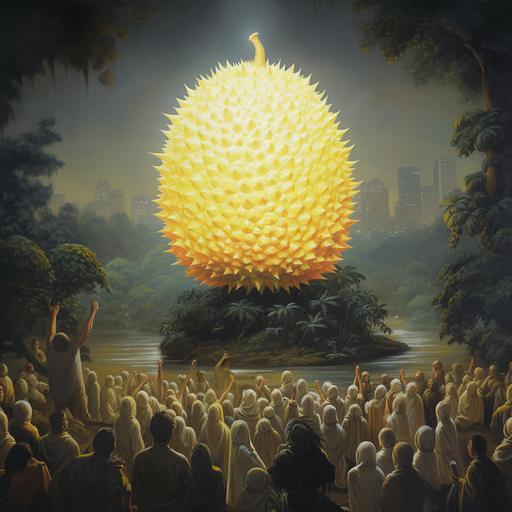 A giant glowing durian fruit floating above the sky, with people donned in light yellow robes bowing and worshipping it, painting, detail