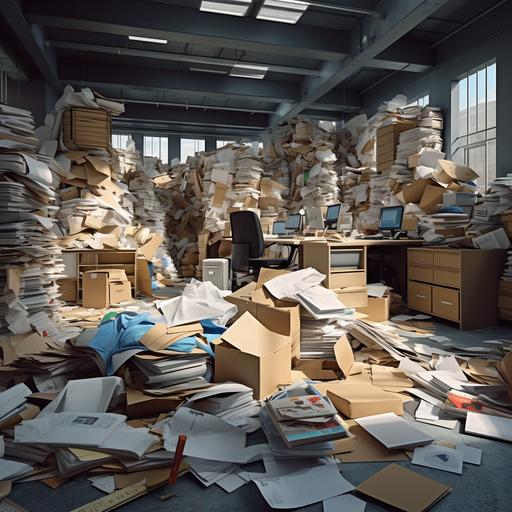 A giant trash pile containing sheets of paper, plates, paper cups, cardboard boxes and other office supplies. Hyperrealistic.