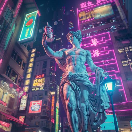A giant white marble statue of Atlanta holds can of beer, against the backdrop of a city in cyber punk style, neon lighting, high detail, high fantasy, 32K