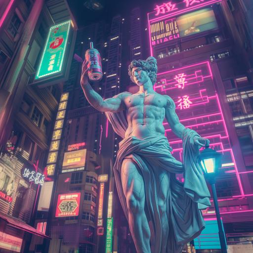A giant white marble statue of Atlanta holds can of beer, against the backdrop of a city in cyber punk style, neon lighting, high detail, high fantasy, 32K --v 6.0