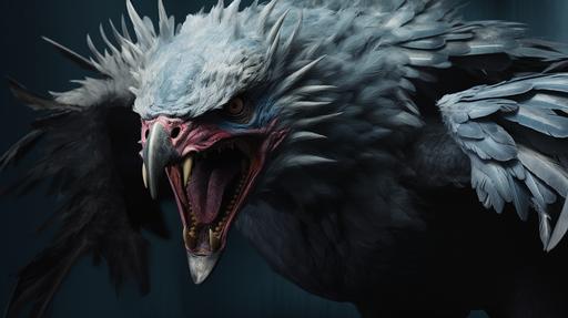 A gigantic bird character with a 50-foot wingspan, razor teeth in its beak, large claws on its wigs, a mutant eagle, hyper-photorealistic, --ar 16:9