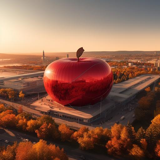 A gigantic red shiny apple balloon on top of the montreal 1976 olympic stadium in fall seasion trees golden hour
