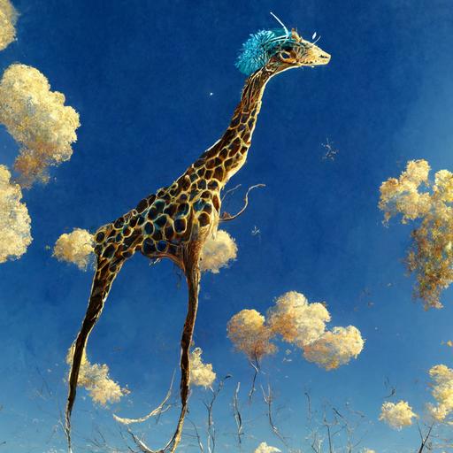A giraffe with blue hair in sky, realistic