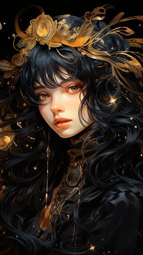 A girl as bright as a full moon, long black hair, black clothes, golden shawl, golden headband, feathers on both sides of the headband, two-dimensional, animation style, high-definition, beautiful --ar 9:16 --s 750
