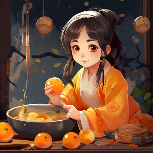 A girl dressed in Hanfu boiled kumquat in a casserole and picked up the casserole in her left hand.The right hand stirs with the spoon, the eye is looking at the spoon,Cartoon style.