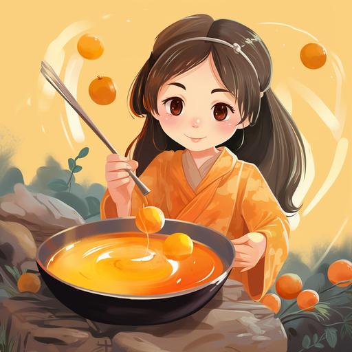 A girl dressed in Hanfu boiled kumquat in a casserole and picked up the casserole in her left hand.The right hand stirs with the spoon, the eye is looking at the spoon,Cartoon style.