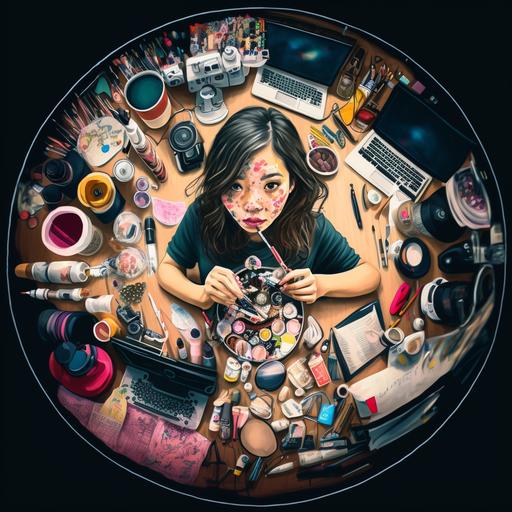 A girl dressed very caressingly and cutely is drawing eye makeup on a fish-eye lens that looks like a man's eyes. There are various cosmetics scattered around the room. She is wearing hot Asian girl makeup. Dating Male gaze Graphic design , Perspective, fisheye lens