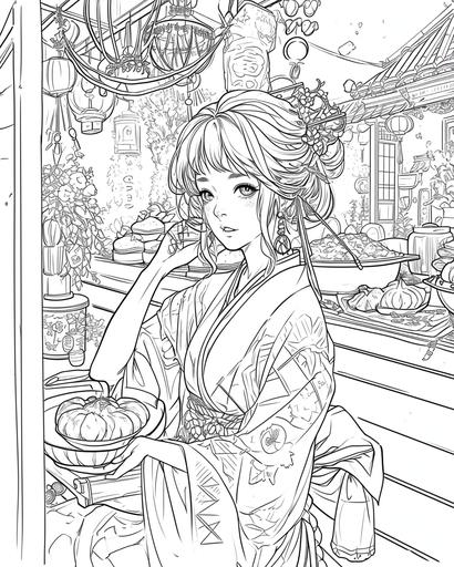 A girl during an asian night festival. coloring page for girls aged 12 plus, kawaii aesthetic, thick lines, black and white, no shading --ar 4:5 --v 6.0