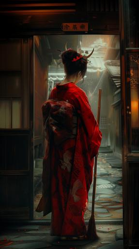 A girl in a red kimono with horns on her head, sweeping with a broom,The backdrop is a turn-of-the-century in Kyoto with subdued lighting, photo realistic, --v 6.0 --ar 9:16