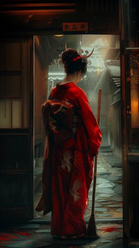 A girl in a red kimono with horns on her head, sweeping with a broom,The backdrop is a turn-of-the-century in Kyoto with subdued lighting, photo realistic, --v 6.0 --ar 9:16