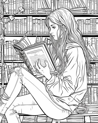 A girl reading a book in a library. coloring page for girls aged 12 plus, thick lines, black and white, no shading --ar 4:5 --v 6.0