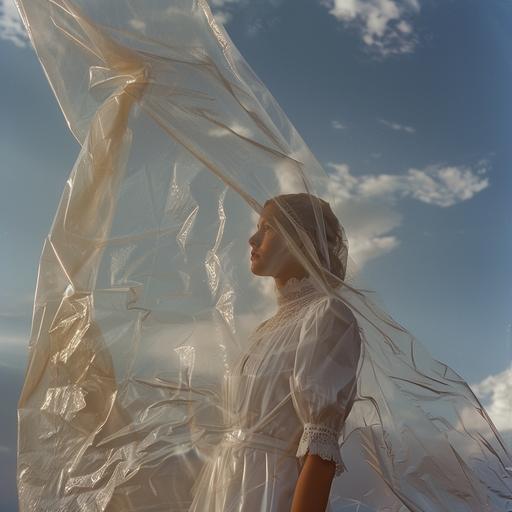 A girl wearing all white standing in front of plastic wrap, in the style of gabriel isak, acrobatic self-portraits, dark sky-blue and beige, playful movement, veronika pinke, theatrical gestures, webcam photography — ar 2:3
