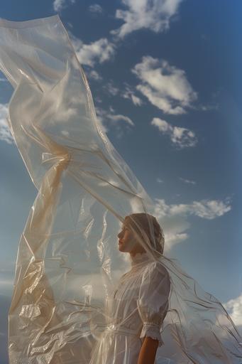A girl wearing all white standing in front of plastic wrap, in the style of gabriel isak, acrobatic self-portraits, dark sky-blue and beige, playful movement, veronika pinke, theatrical gestures, webcam photography — ar 2:3 --ar 2:3
