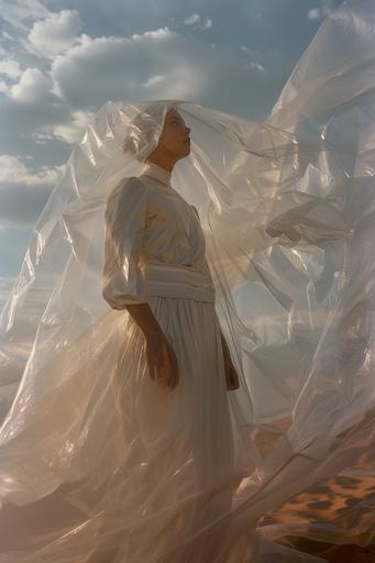 A girl wearing all white standing in front of plastic wrap, in the style of gabriel isak, acrobatic self-portraits, dark sky-blue and beige, playful movement, veronika pinke, theatrical gestures, webcam photography — ar 2:3 --ar 2:3