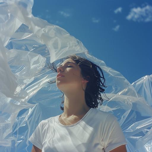 A girl wearing all white standing in front of plastic wrap, in the style of gabriel isak, acrobatic self-portraits, dark sky-blue, playful movement, veronika pinke, theatrical gestures, webcam photography — ar 2:3