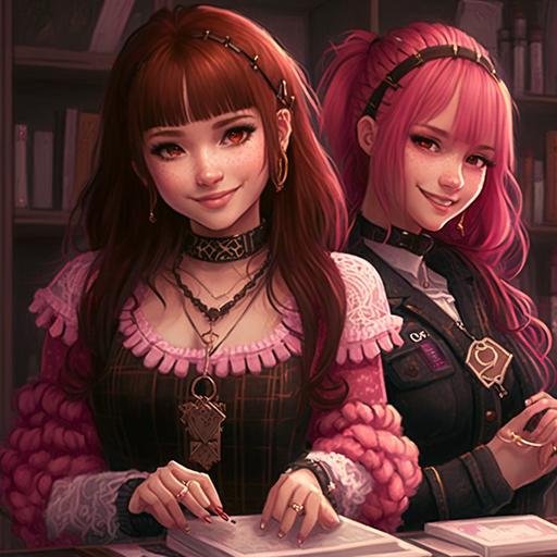 A girl with long, brown hair and pink bangs. Wearing a pink sweater and smiling. Next to her at the desk is a girl who has short, red hair. Dressed in a black, gothic dress with chains and a checker. on the hands of a lot of bracelets