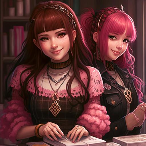 A girl with long, brown hair and pink bangs. Wearing a pink sweater and smiling. Next to her at the desk is a girl who has short, red hair. Dressed in a black, gothic dress with chains and a checker. on the hands of a lot of bracelets