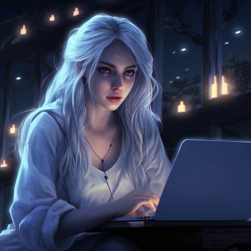 A girl with white hair and blue eyes, a laptop and white clothes on a black sofa at night under the moonlight 4K ; HD ; Realistic