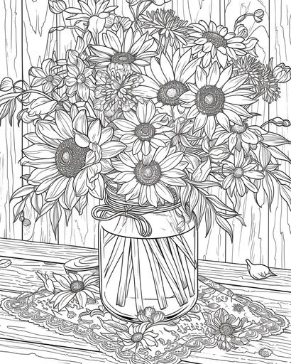 A glass jar filled with a variety of wildflowers, sitting on a wooden table with a lace tablecloth, coloring page monochrome, black and white, thick lines, for adults --ar 4:5 --v 6.0