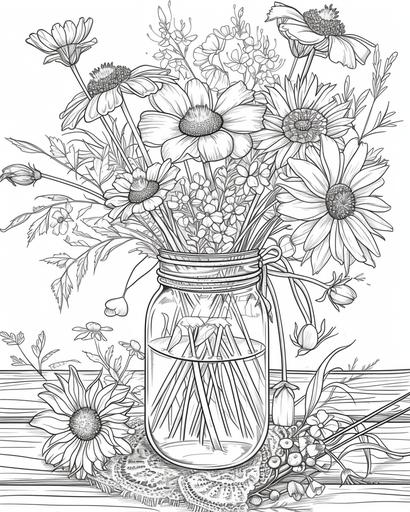 A glass jar filled with a variety of wildflowers, sitting on a wooden table with a lace tablecloth, coloring page monochrome, black and white, thick lines, for adults --ar 4:5 --v 6.0