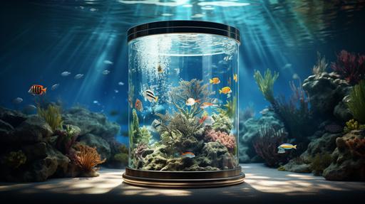 A glass oil drum is filled with water and contains a marine world of fish, coral and other marine elements. Fish swim freely inside this structure. The scene is captured in ultra-realistic HD, offering incredible clarity for every scale of the fish and every drop of water. Sunlight reflects beautifully off the shimmering scales of the fish, creating an enchanting visual spectacle. The image background is white. The resolution is 8K, with an aspect ratio of 16:9. --ar 16:9