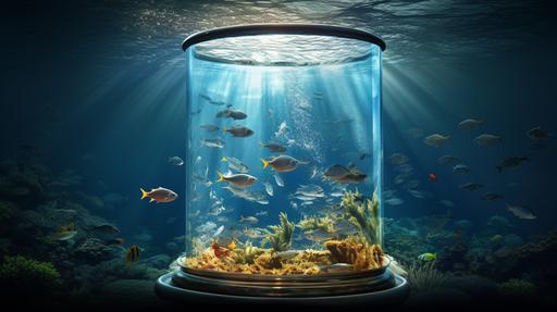 A glass oil drum is filled with water and contains a marine world of fish, coral and other marine elements. Fish swim freely inside this structure. The scene is captured in ultra-realistic HD, offering incredible clarity for every scale of the fish and every drop of water. Sunlight reflects beautifully off the shimmering scales of the fish, creating an enchanting visual spectacle. The image background is white. The resolution is 8K, with an aspect ratio of 16:9. --ar 16:9