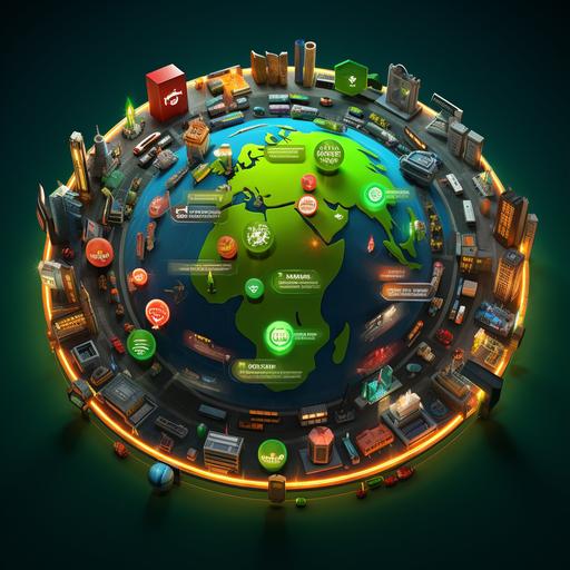 A global map with icons representing franchises around the world, greenhydromotion