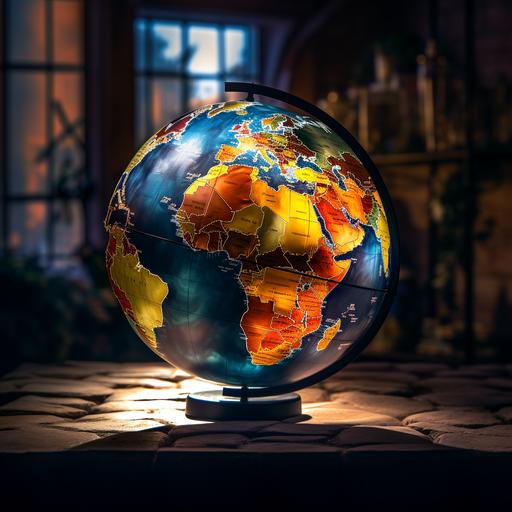 A globe showing the positions of various countries, silhouette photography, Impressionism, 4K, HDR