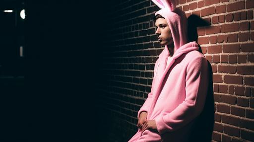 A gloomy shot captured on Kodak Gold 200 film. The male model is pink bunny costume, standing against a brick wall illuminated by street lights. The atmosphere is cool, with a sense of longing and yearning that perfectly captures the model's timeless beauty. --ar 16:9 --q 1 --v 5 --q 0.5