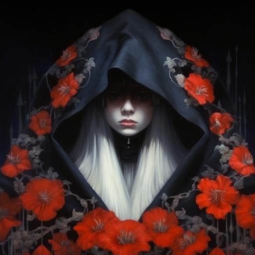 A goddess with white porcelain skin, splintered with red fringes, dressed in a black poncho with a large hood, ornamental black pansy goth flowers --v 5.1 --s 800