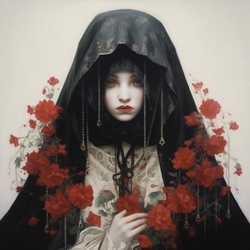 A goddess with white porcelain skin, splintered with red fringes, dressed in a black poncho with a large hood, ornamental black pansy goth flowers --v 5.1 --s 800