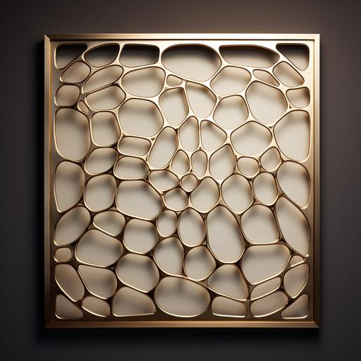 A gold champagne colored metal frame with a voronoi pattern, apply on a wall. A gold backlit logo in the middle of the wall.