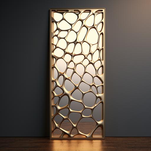 A gold champagne colored metal frame with a voronoi pattern, apply on a wall. A gold backlit logo in the middle of the wall.